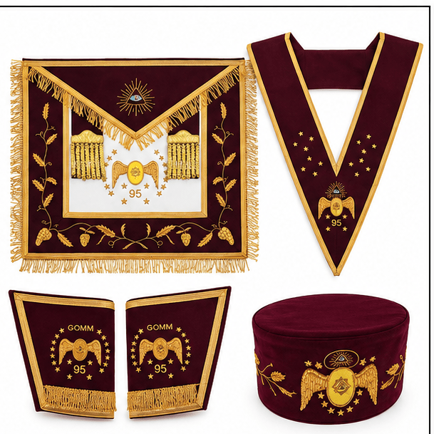 Maroon & Gold Masonic 95th Degree Regalia Set – Apron, Collar, Cuffs & Cap