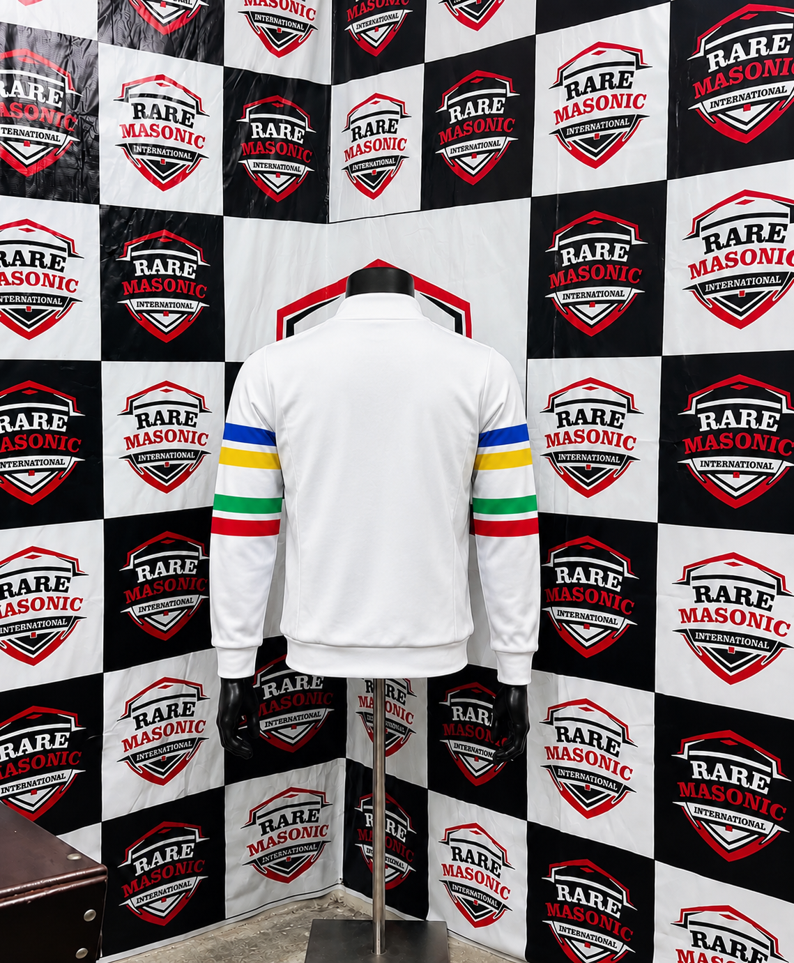 Order of the Eastern Star (OES) White Track Jacket - Multi-Color Striped Sleeves - Image 2