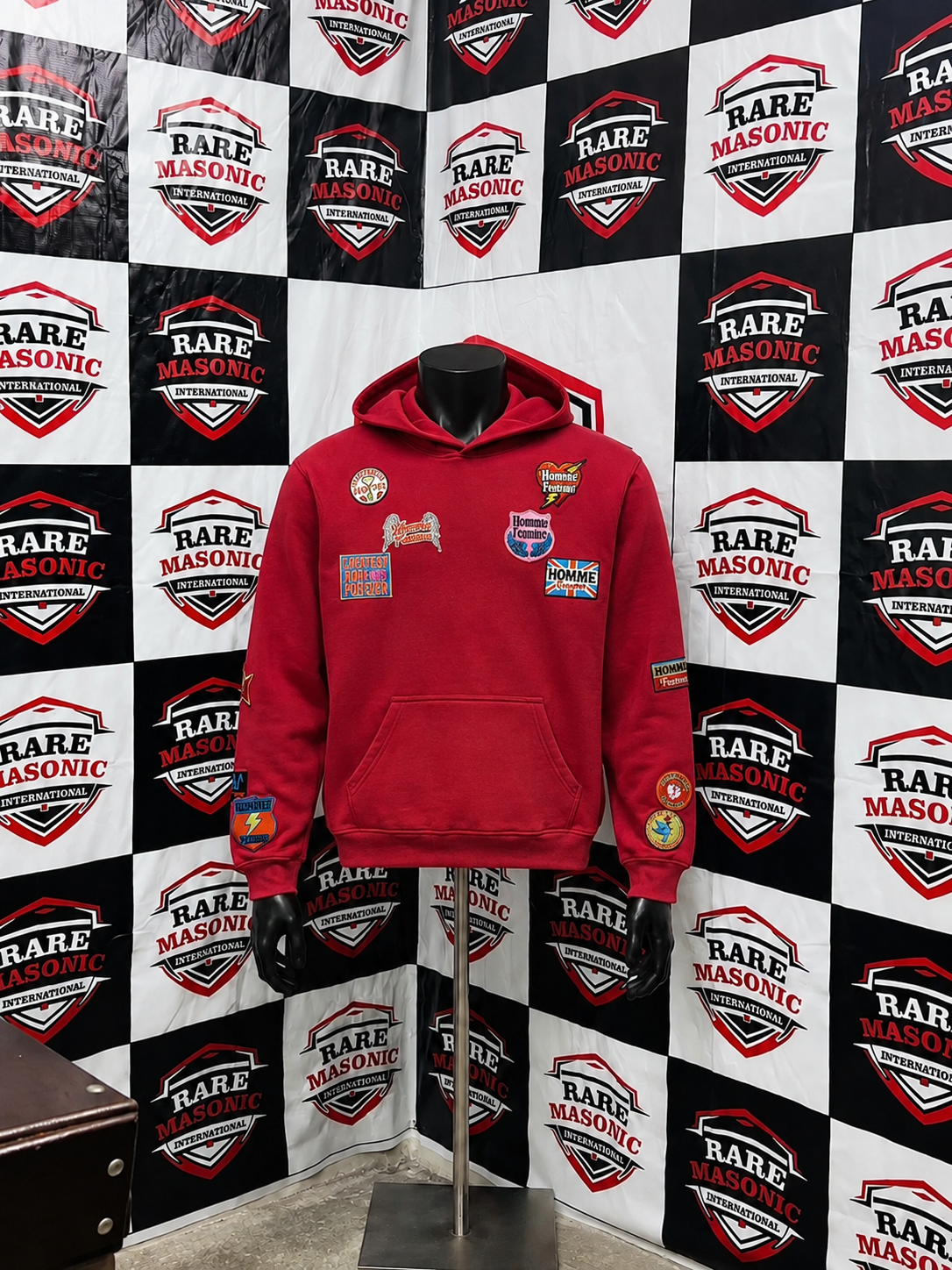 Red Multi-Patch Hoodie – "Homme Festival" Badge Embroidered Streetwear Hoodie