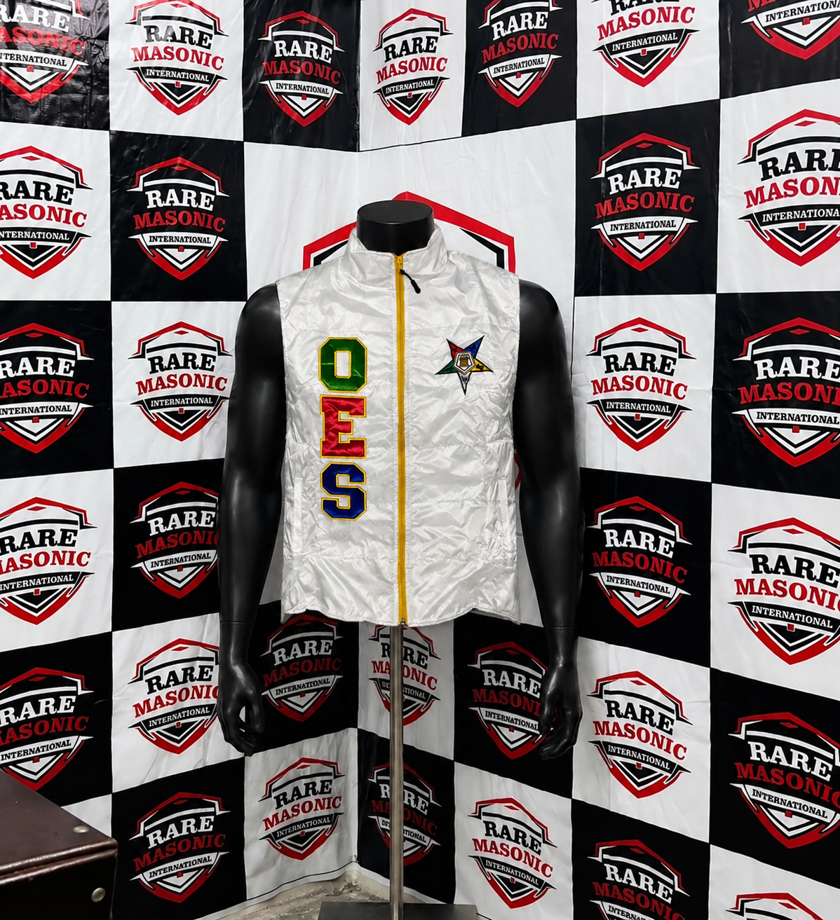 Order of the Eastern Star (OES) White Puffer Vest - Multi-Color Letters & Star Emblem