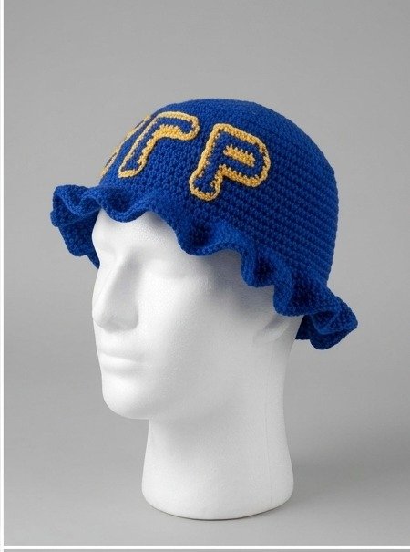 Sigma Gamma Rho ΣΓΡ Ruffled Crochet Bucket Hat - Gold & Blue Knitted Greek Letters - Image 4
