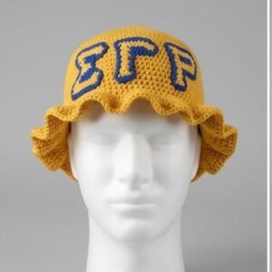 Sigma Gamma Rho ΣΓΡ Ruffled Crochet Bucket Hat - Gold & Blue Knitted Greek Letters