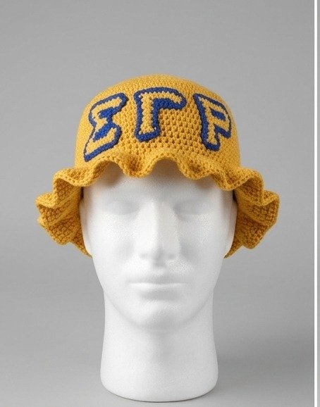 Sigma Gamma Rho ΣΓΡ Ruffled Crochet Bucket Hat - Gold & Blue Knitted Greek Letters