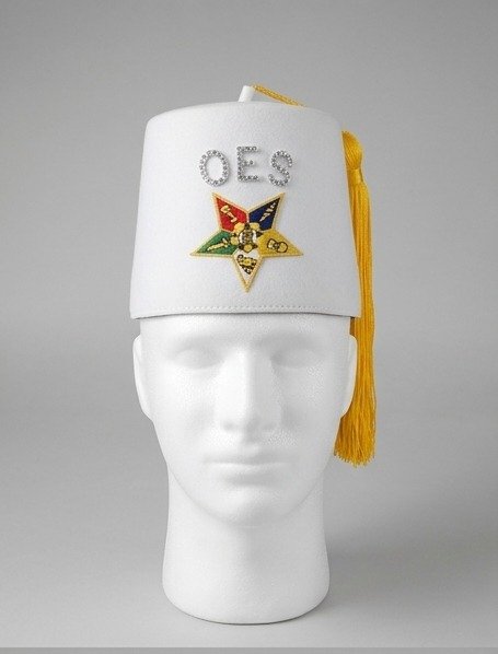 Order of the Eastern Star (OES) White Fez Cap with Gold Tassel