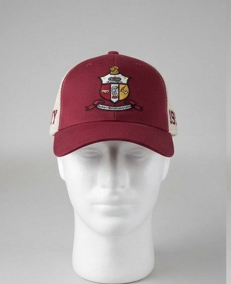 Maroon & Cream Trucker Cap with Fraternity Crest Emblem - Mesh Back Snapback