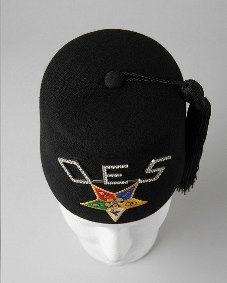 Order of the Eastern Star (OES) Black Fez Cap with Rhinestone Lettering & Black Tassel - Image 2