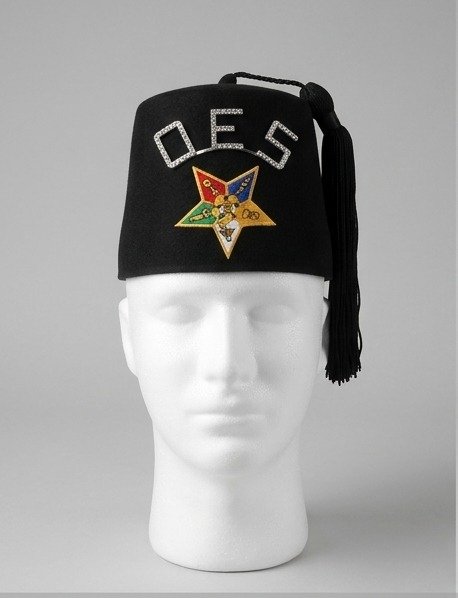 Order of the Eastern Star (OES) Black Fez Cap with Rhinestone Lettering & Black Tassel