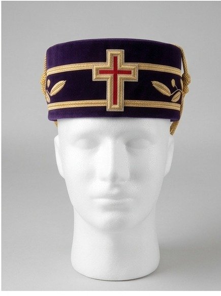 Purple Velvet Ceremonial Crown Cap with Gold Cross Emblem - Knights Templar Regalia
