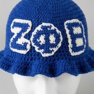 Alternative view of Zeta Phi Beta ΖΦΒ Ruffled Crochet Bucket Hat - Blue & White Knitted Greek Letters (2 Colorways)