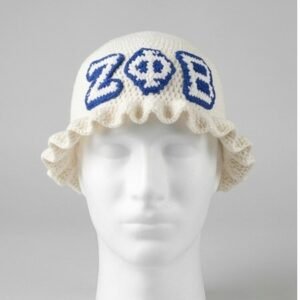Zeta Phi Beta ΖΦΒ Ruffled Crochet Bucket Hat - Blue & White Knitted Greek Letters (2 Colorways)
