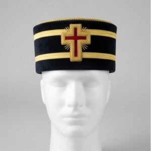 Black Velvet Ceremonial Crown Cap with Gold Cross Emblem - Knights Templar Regalia