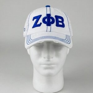 Zeta Phi Beta ΖΦΒ White Distressed Baseball Cap - Blue Embroidered Letters & Stripe Detail