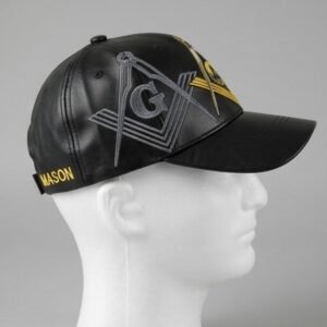 Alternative view of Masonic Square & Compass Black Leather Baseball Cap - Gold "G" Emblem