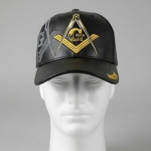 Masonic Square & Compass Black Leather Baseball Cap - Gold "G" Emblem