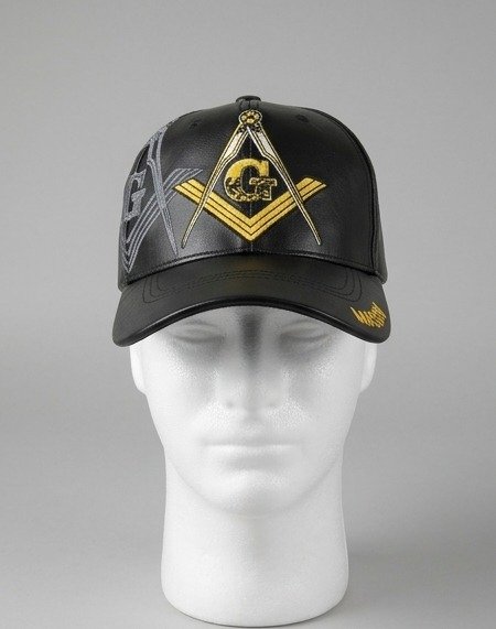 Masonic Square & Compass Black Leather Baseball Cap - Gold "G" Emblem