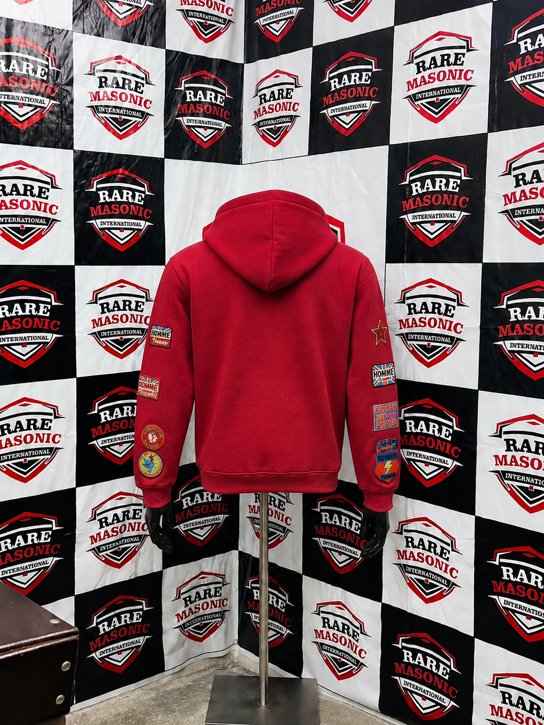 Red Multi-Patch Hoodie – "Homme Festival" Badge Embroidered Streetwear Hoodie - Image 2