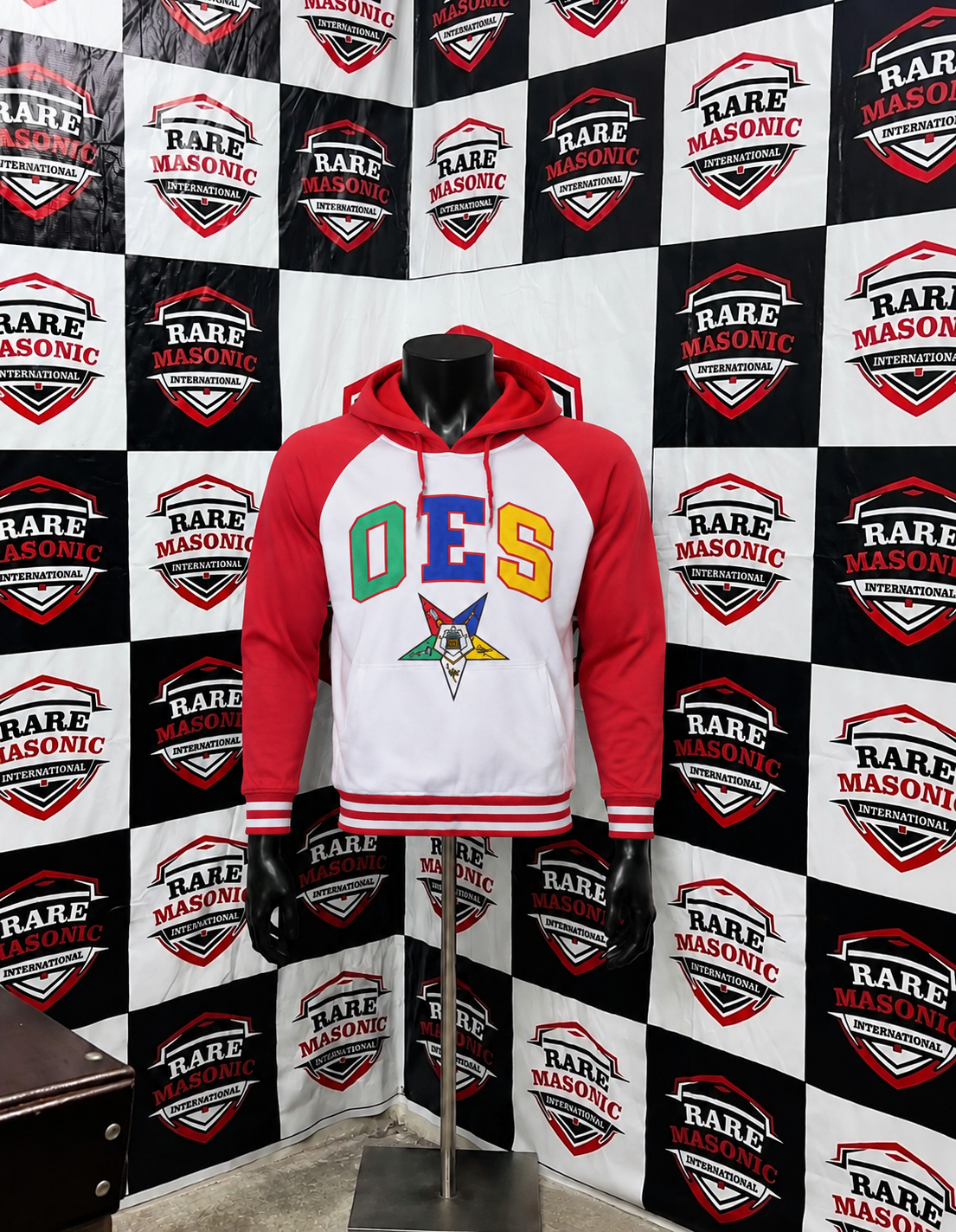 Order of the Eastern Star (OES) White & Red Raglan Hoodie - Multi-Color Letters & Emblem