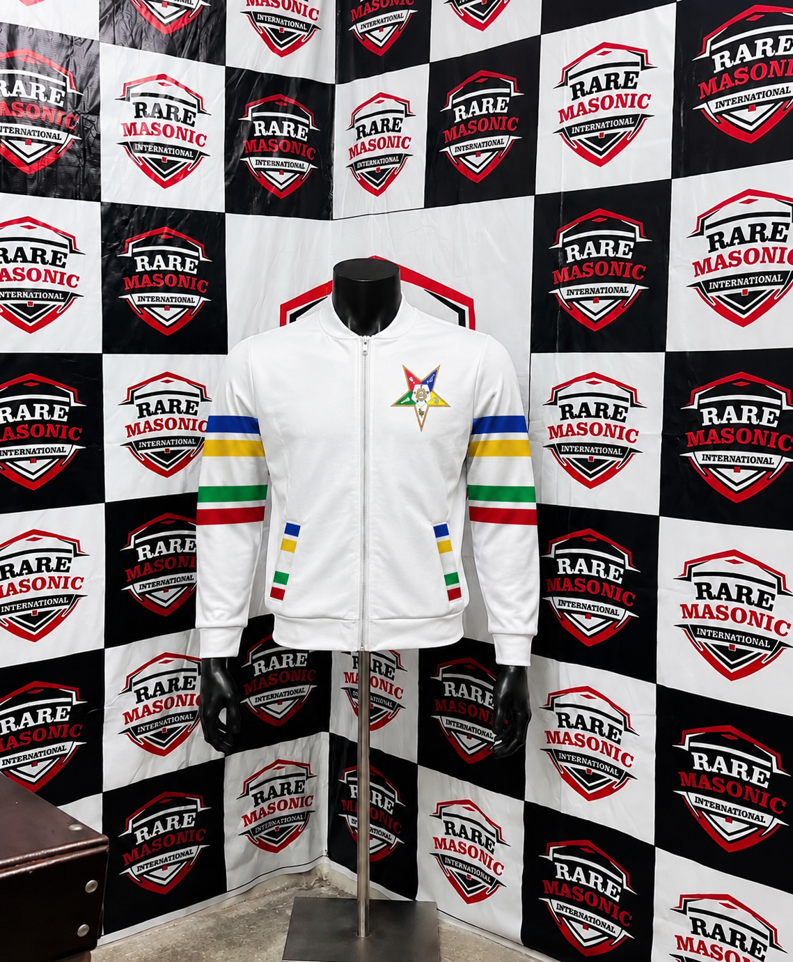 Order of the Eastern Star (OES) White Track Jacket - Multi-Color Striped Sleeves