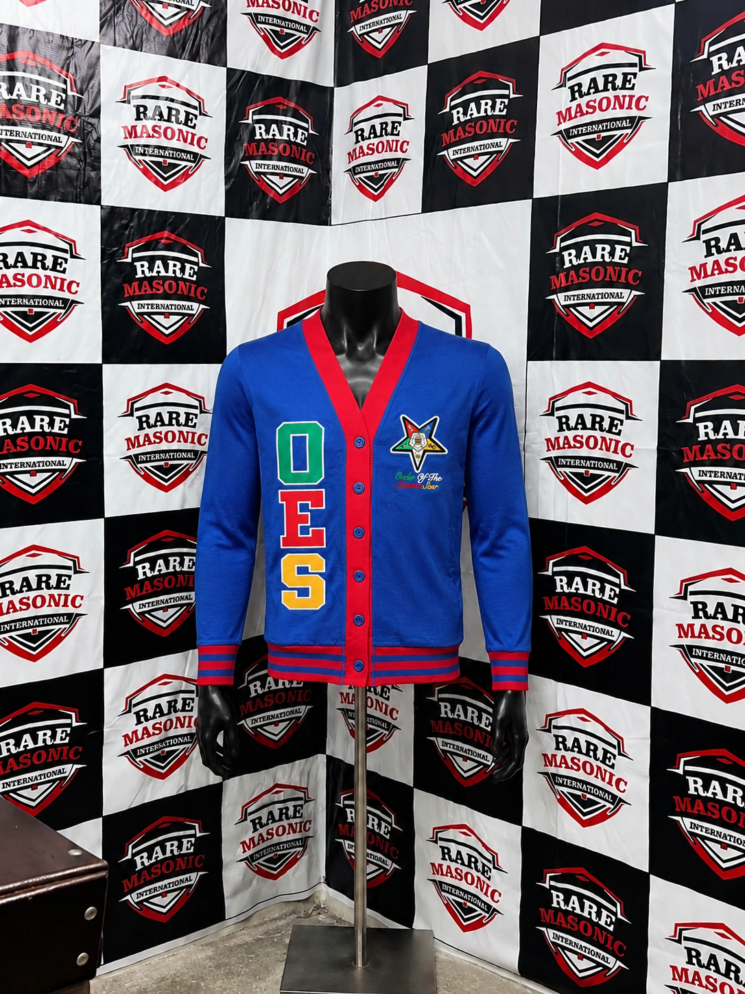 Order of the Eastern Star (OES) Blue Cardigan Sweater - Button-Up with Red Trim