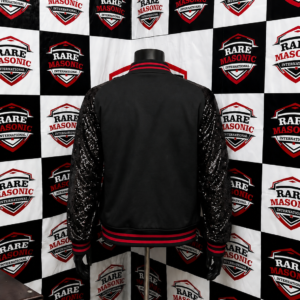 Alternative view of Delta Sigma Theta Black Varsity Bomber Jacket - Black Sequin Sleeves & Red Crest Emblem