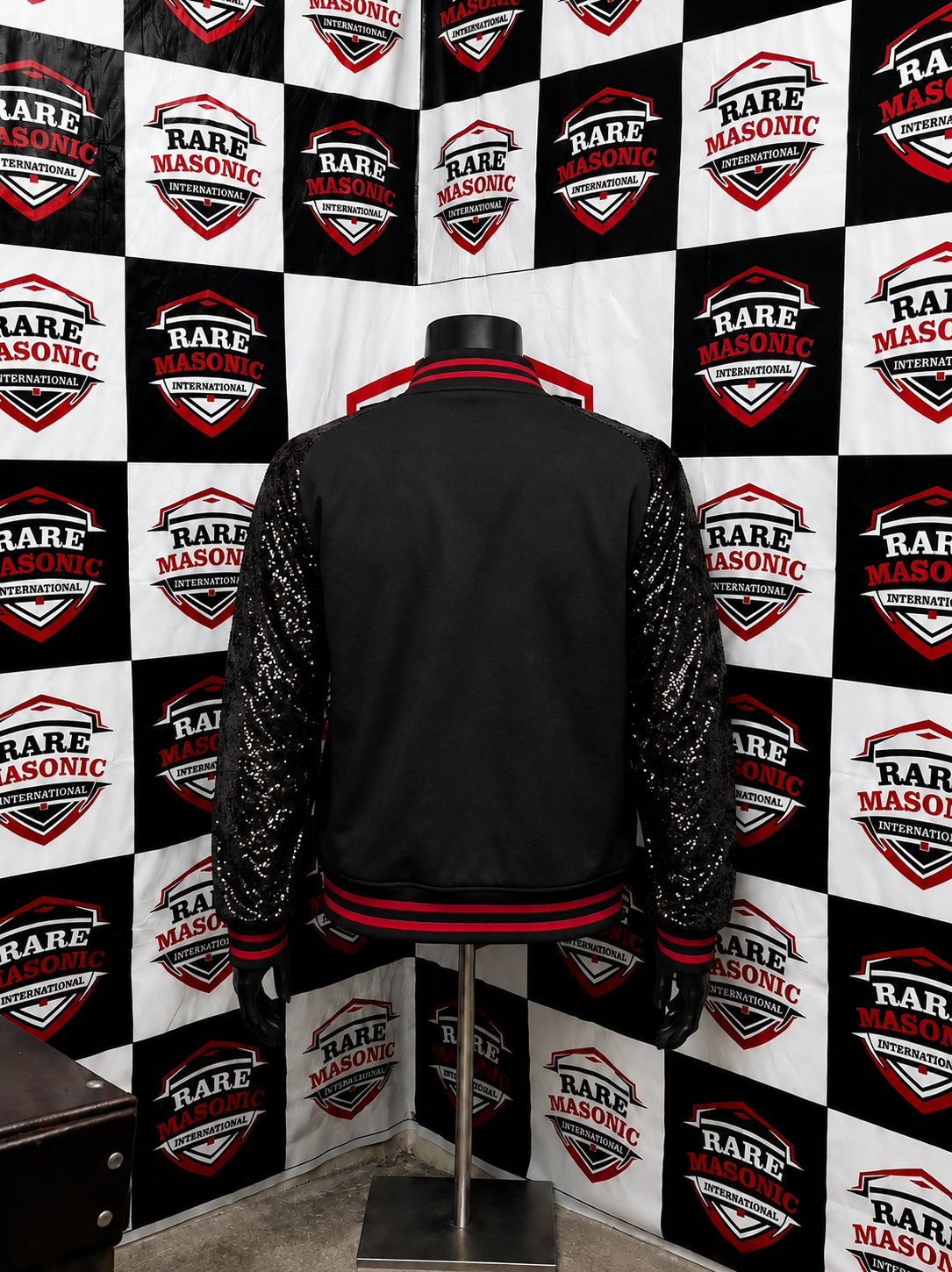 Delta Sigma Theta Black Varsity Bomber Jacket - Black Sequin Sleeves & Red Crest Emblem - Image 2