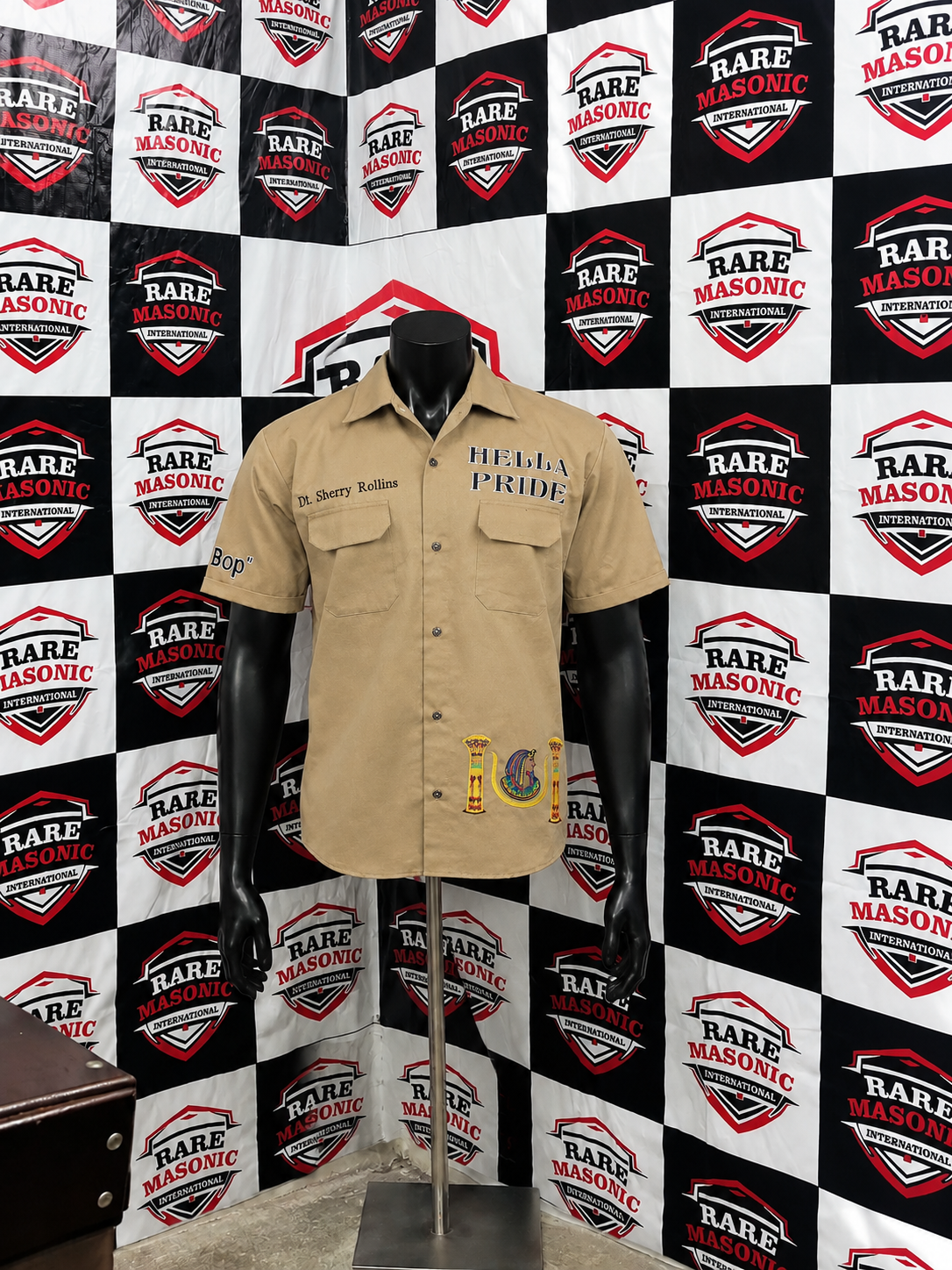 Custom Embroidered Khaki Button-Down Shirt - Personalized Name & Text with Isis Emblem