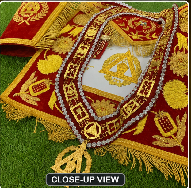 Masonic High Degree Regalia Complete Set - Apron, Collar, Crowns & Gauntlets (Red & Gold) - Image 2