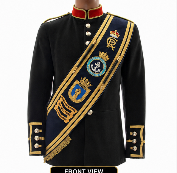 Masonic Black Ceremonial Jacket with Gold Braid & Crown Sash