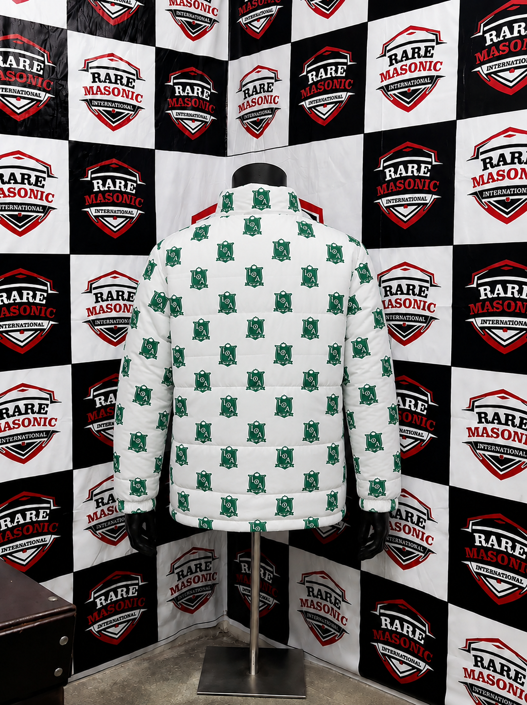 Greek Letters Shield Pattern White Puffer Jacket - All-Over Print Design - Image 2
