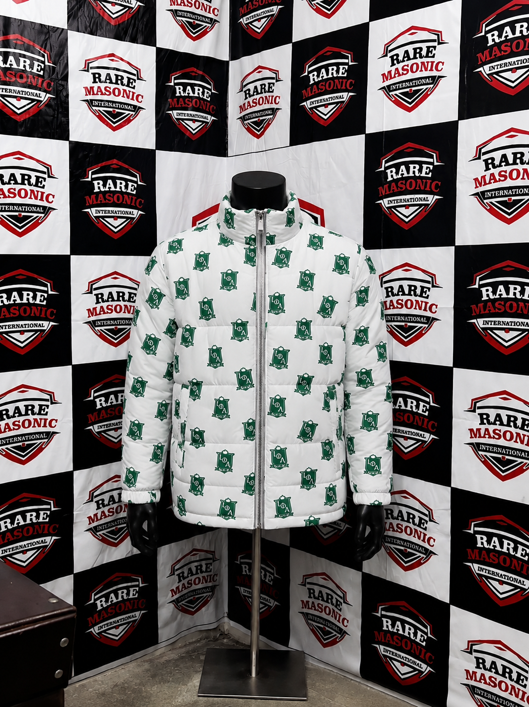 Greek Letters Shield Pattern White Puffer Jacket - All-Over Print Design