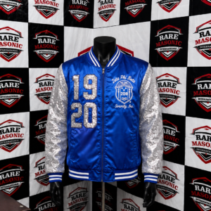 Zeta Phi Beta ΖΦΒ Blue Satin Bomber Jacket - Silver Sequin Sleeves & 1920 Patches