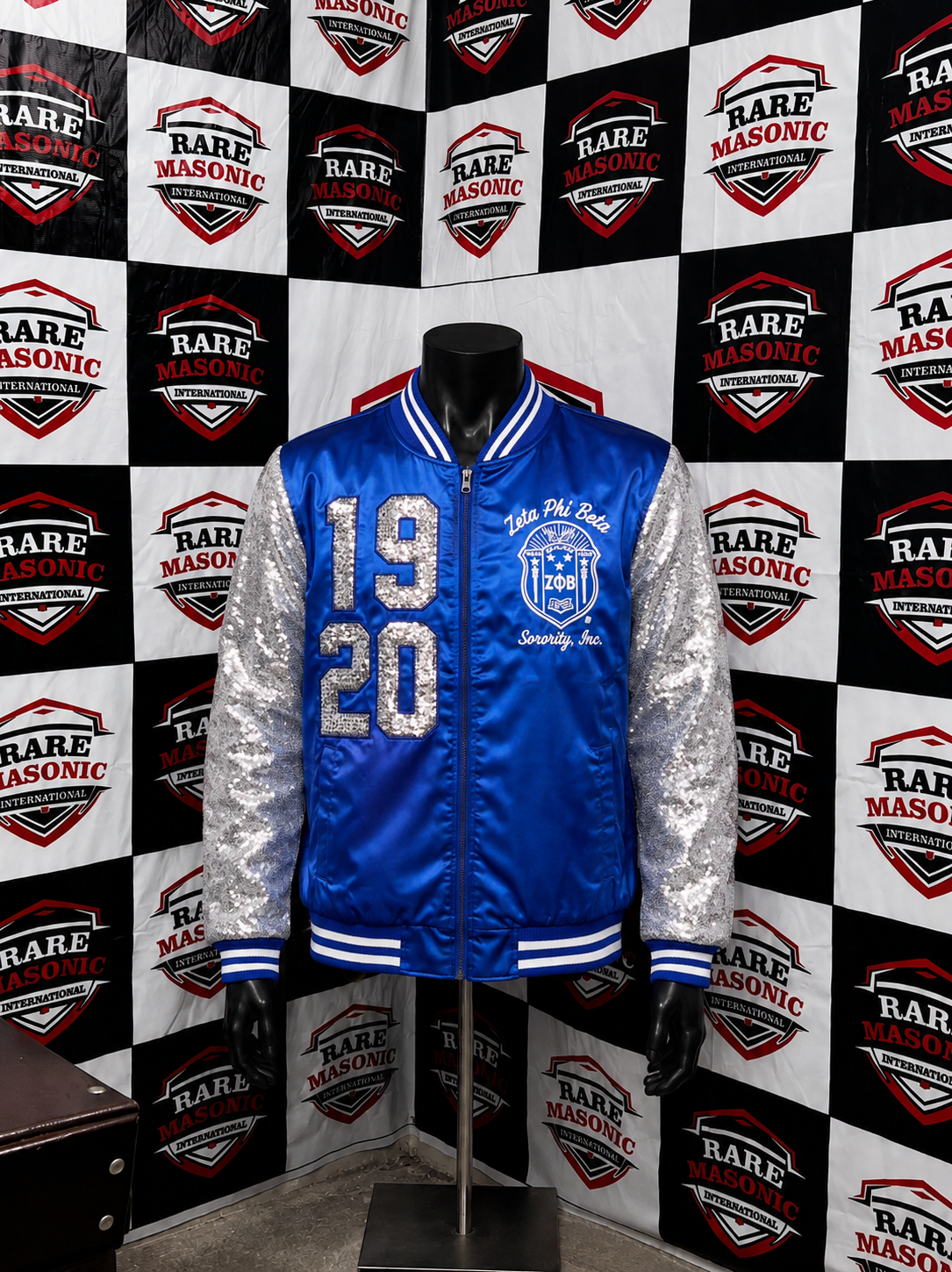 Zeta Phi Beta ΖΦΒ Blue Satin Bomber Jacket - Silver Sequin Sleeves & 1920 Patches