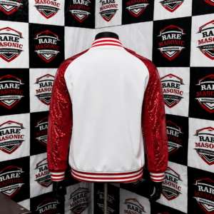 Alternative view of Delta Sigma Theta White Varsity Bomber Jacket - Red Sequin Sleeves & Crest Emblem