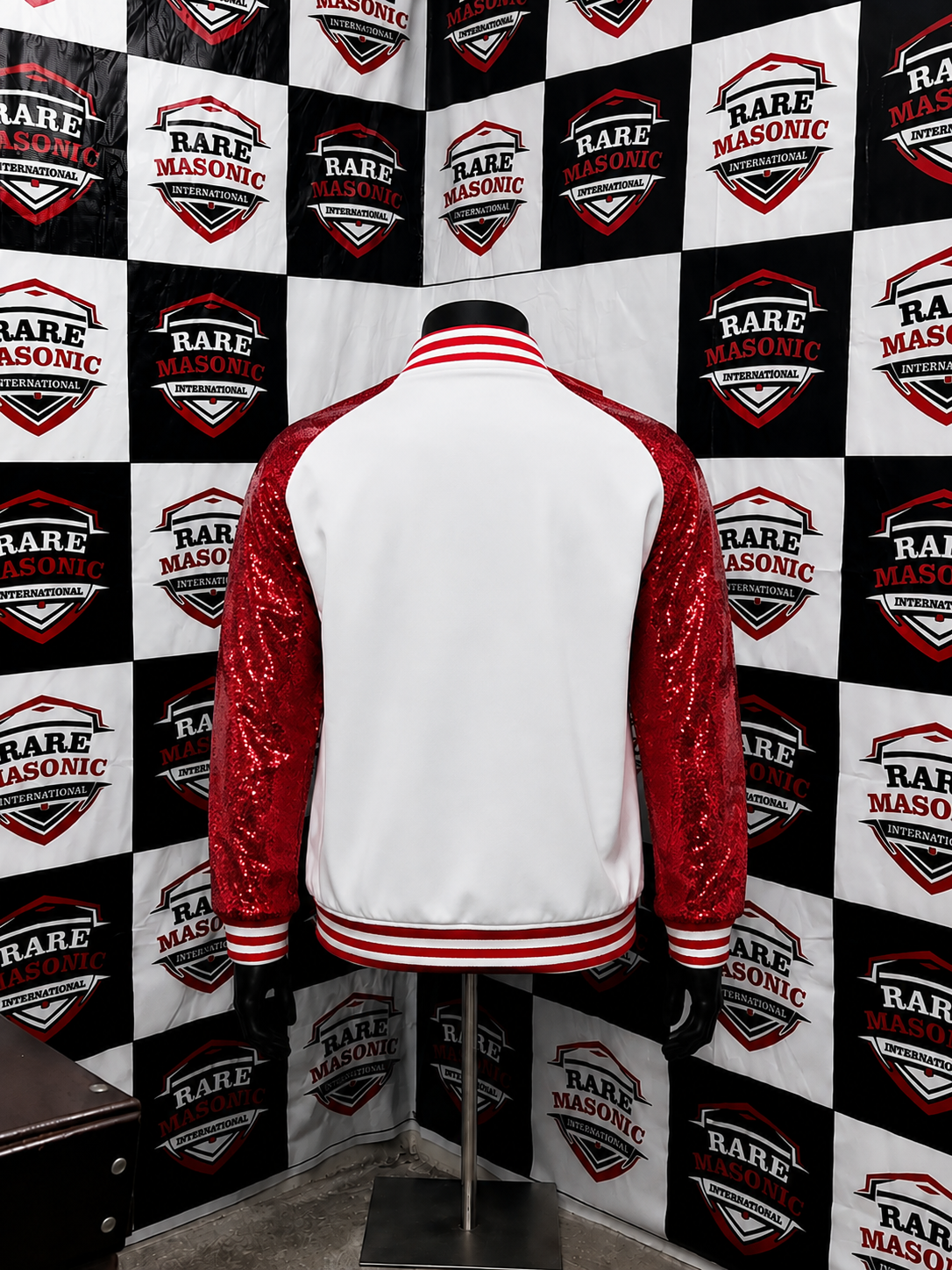 Delta Sigma Theta White Varsity Bomber Jacket - Red Sequin Sleeves & Crest Emblem - Image 2