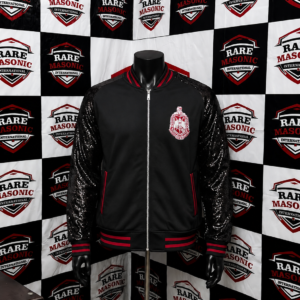 Delta Sigma Theta Black Varsity Bomber Jacket - Black Sequin Sleeves & Red Crest Emblem