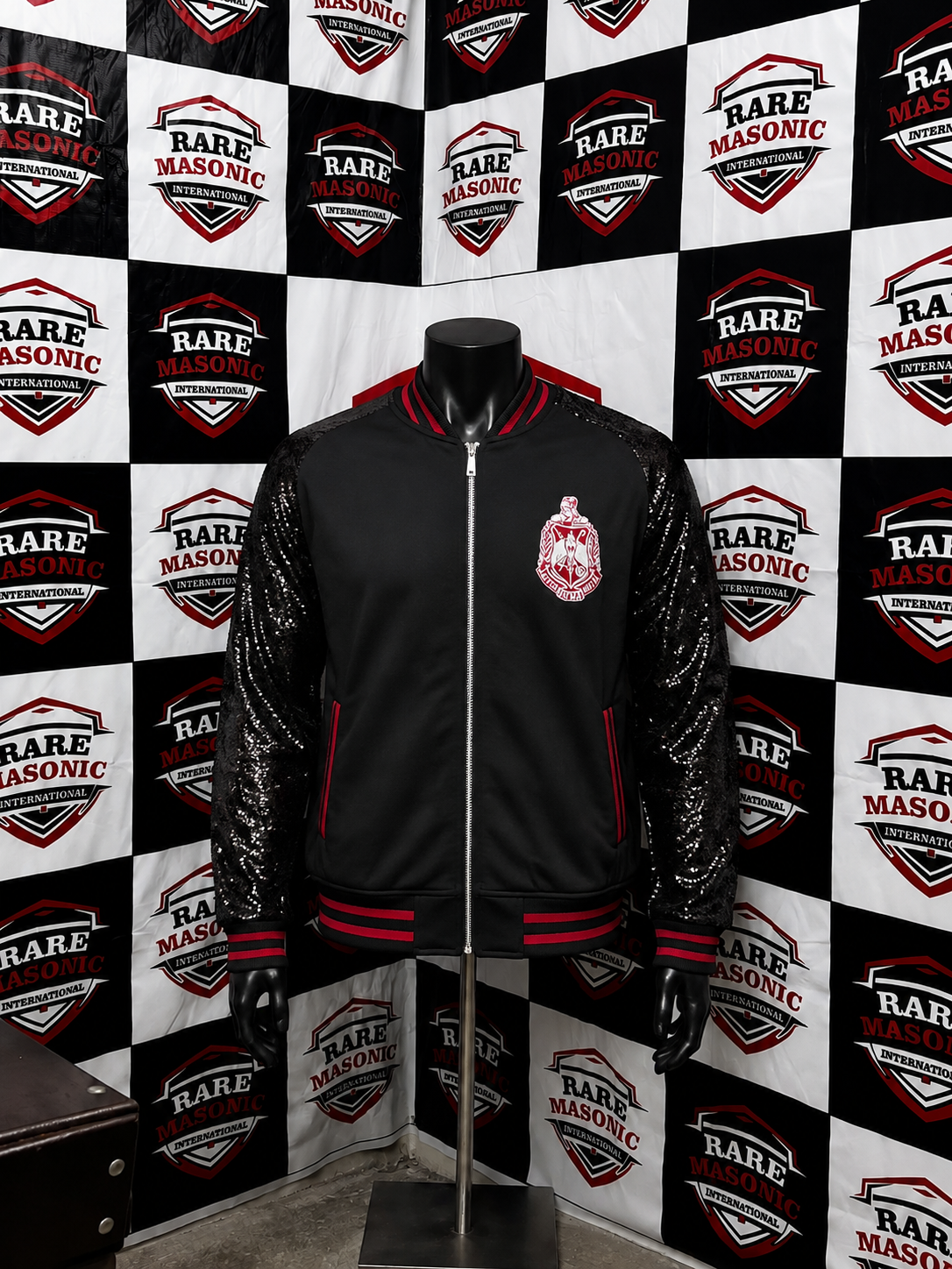 Delta Sigma Theta Black Varsity Bomber Jacket - Black Sequin Sleeves & Red Crest Emblem