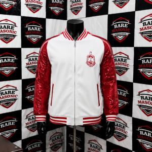 Delta Sigma Theta White Varsity Bomber Jacket - Red Sequin Sleeves & Crest Emblem