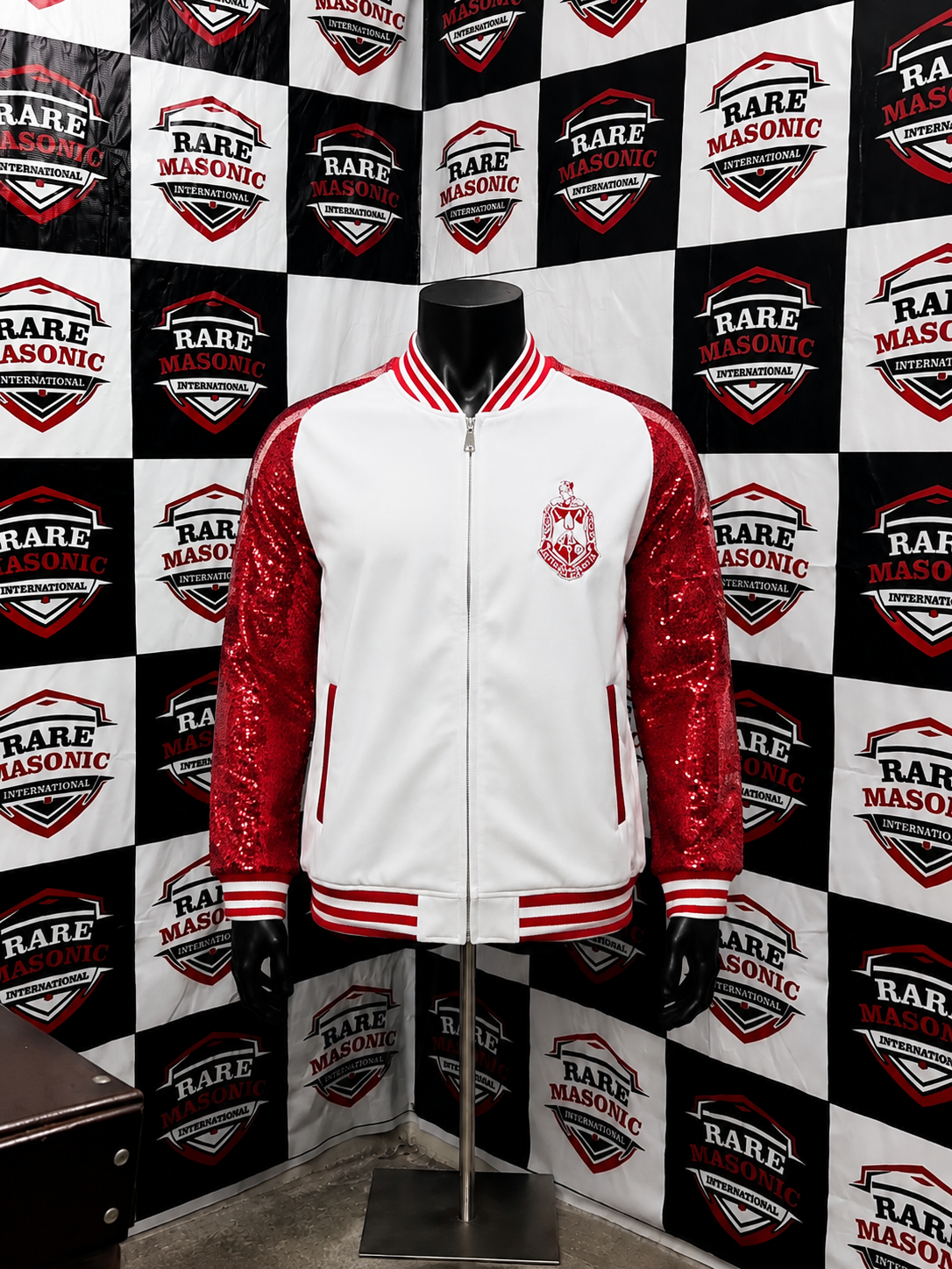 Delta Sigma Theta White Varsity Bomber Jacket - Red Sequin Sleeves & Crest Emblem