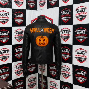 Alternative view of Black Leather Moto Jacket with Halloween Print - Racer Style