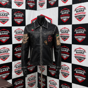 Black Vintage Leather Jacket with Eclectic Patch Design - Jester, Cards & Eye Patches