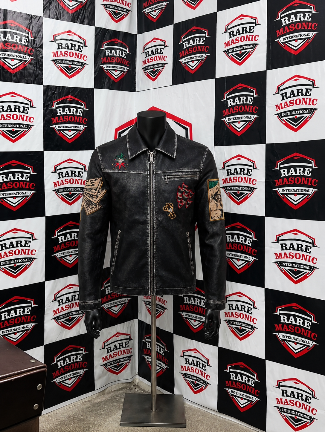 Black Vintage Leather Jacket with Eclectic Patch Design - Jester, Cards & Eye Patches